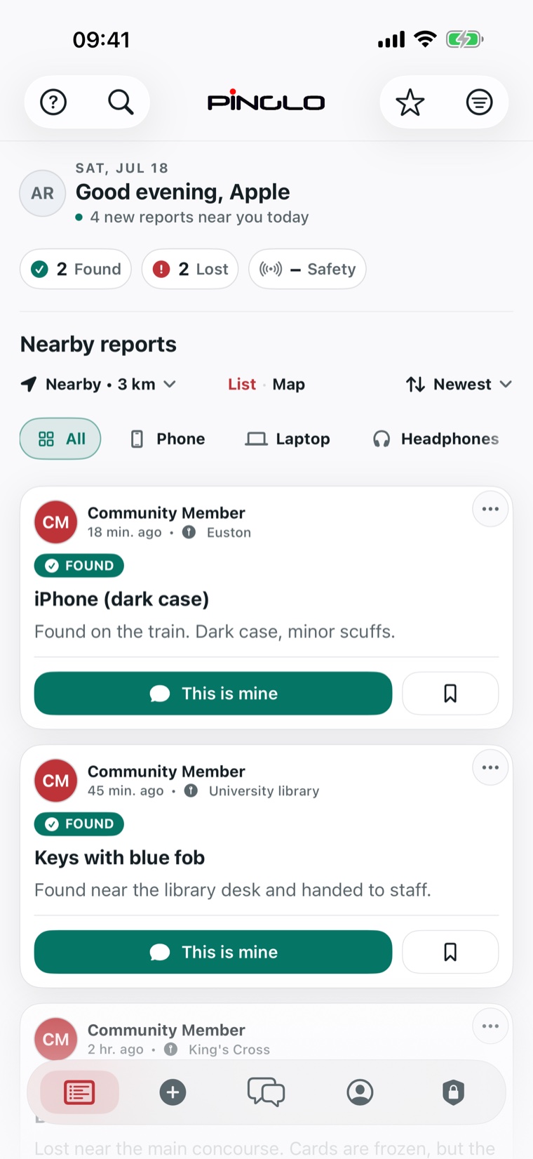 Pinglo iPhone app — the nearby lost and found feed with found and lost reports